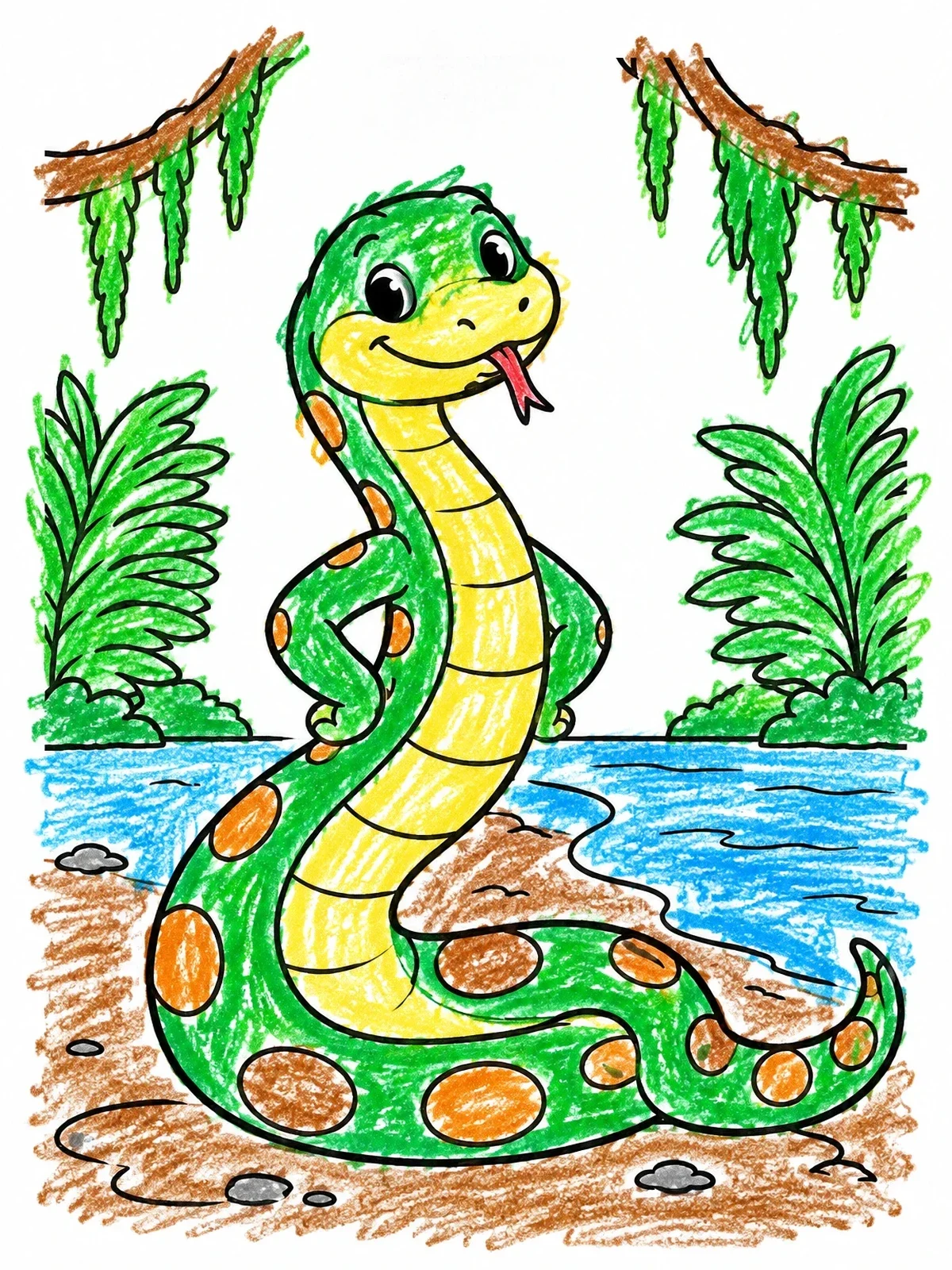 Colored example of the Cheerful Cartoon Anaconda By The River coloring page