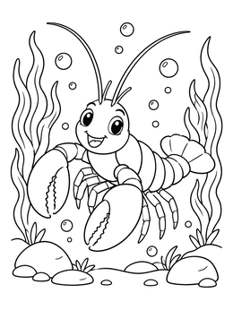 A cute cartoon baby lobster coloring page underwater with bubbles and sea plants.