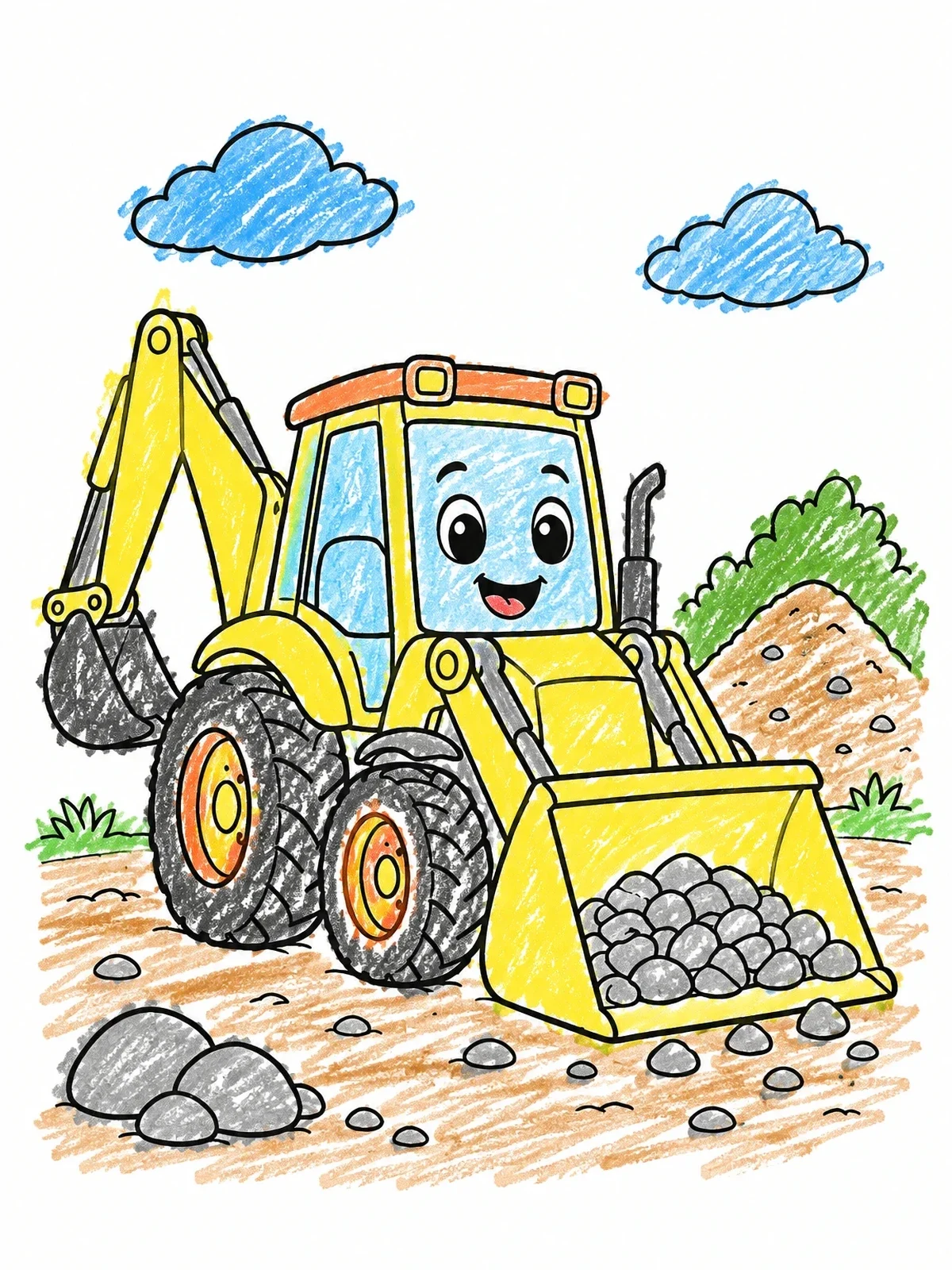 Colored example of the Cheerful Cartoon Backhoe Loader coloring page