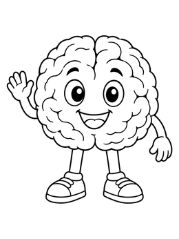A friendly waving brain coloring page with big eyes and running shoes.