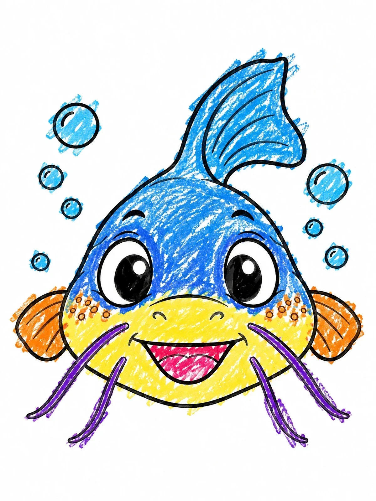 Colored example of the Cheerful Cartoon Catfish Face coloring page