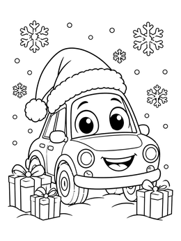 A smiling car wearing a Santa hat surrounded by gifts on this christmas car coloring page.