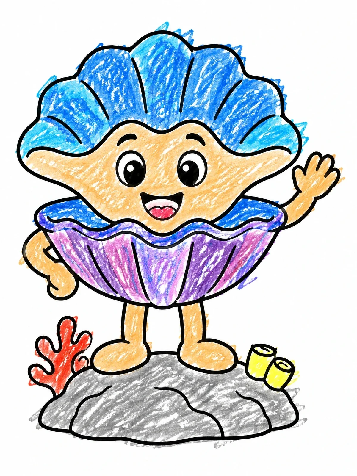 Colored example of the Cheerful Cartoon Clam On Coral coloring page