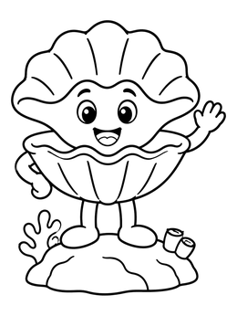 A friendly cartoon clam coloring page standing on a small ocean rock and waving.