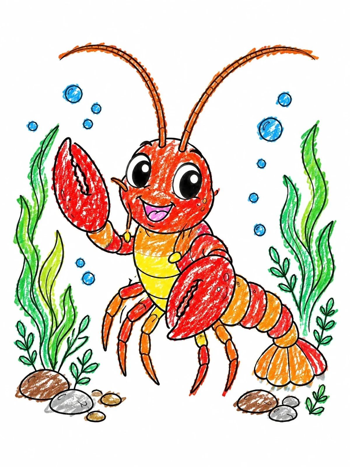 Colored example of the Cheerful Cartoon Crawfish Underwater coloring page