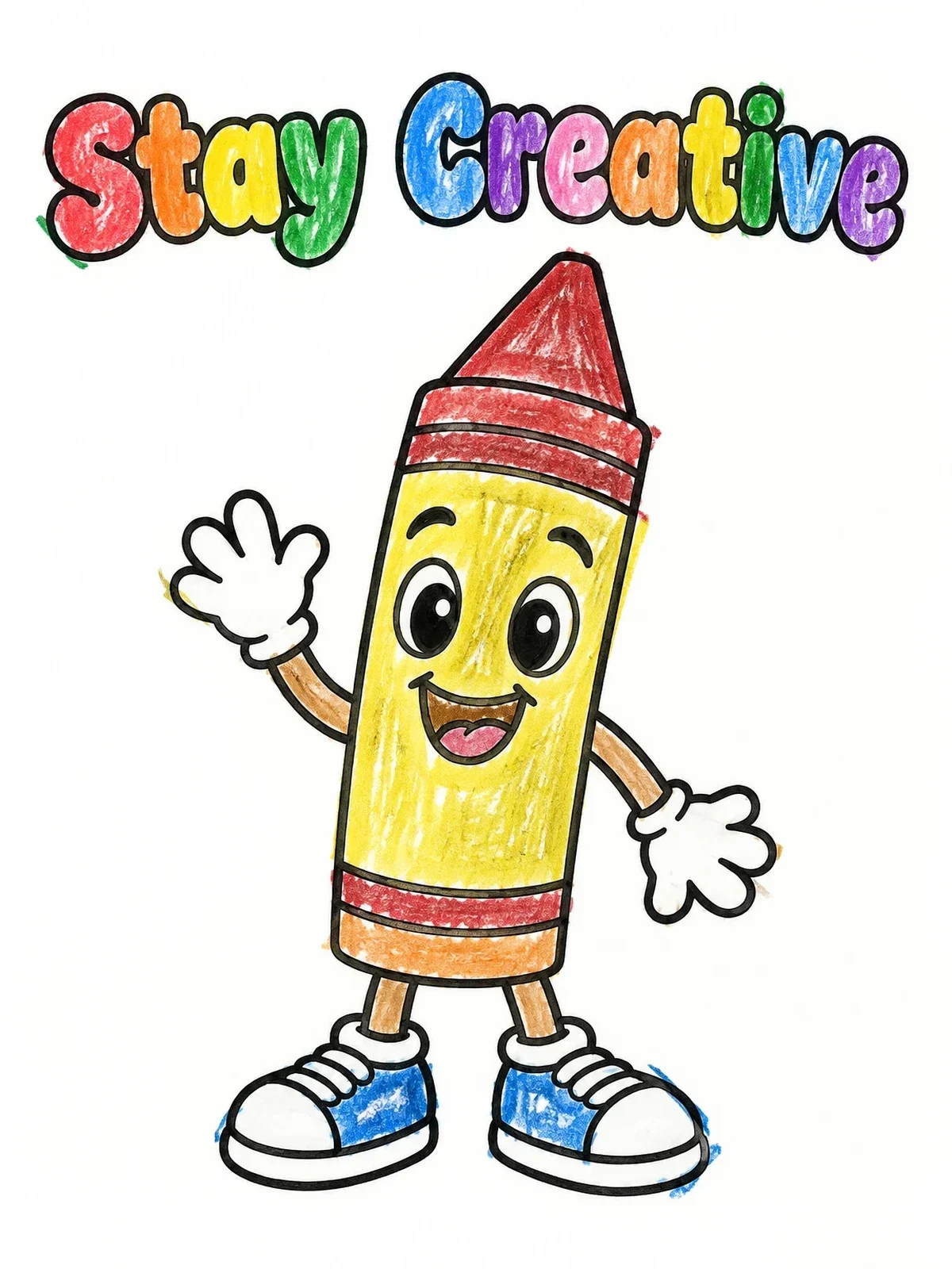 Colored example of the Cheerful Cartoon Crayon Character coloring page