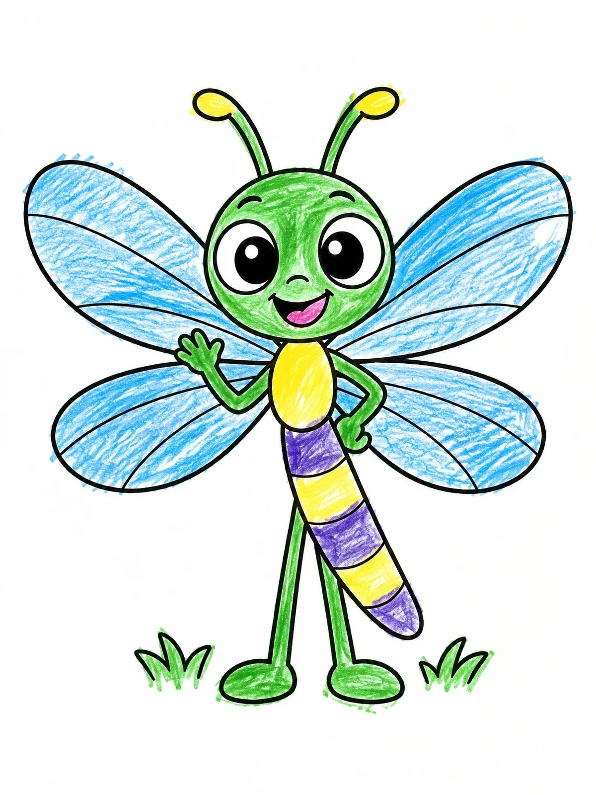 Colored example of the Cheerful Cartoon Dragonfly Waving coloring page