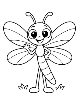 A friendly bug stands upright in this cheerful dragonfly coloring page.