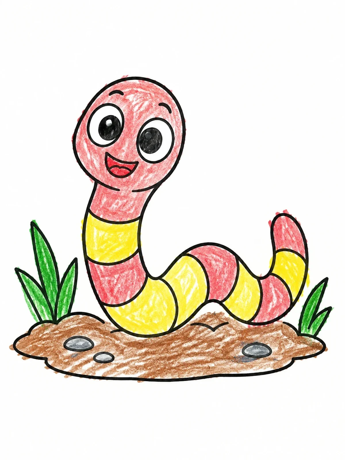 Colored example of the Cheerful Cartoon Earthworm In Grass coloring page