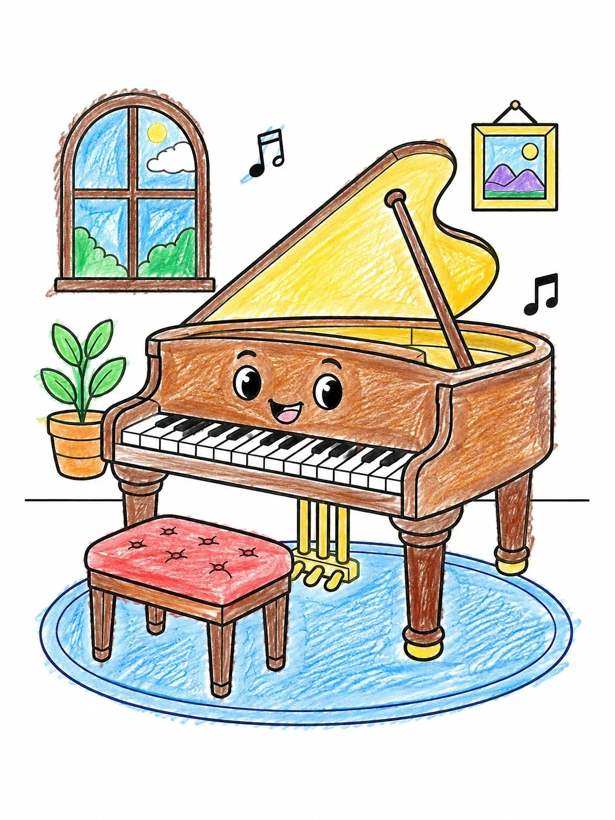 Colored example of the Cheerful Cartoon Grand Piano In Room coloring page