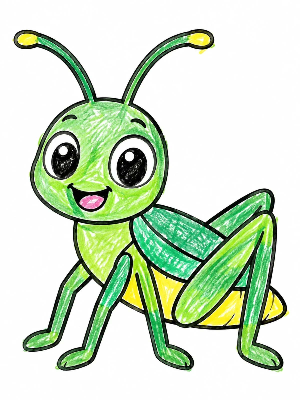 Colored example of the Cheerful Cartoon Grasshopper coloring page