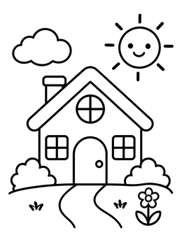 Free printable Cheerful Cartoon House And Sun coloring page