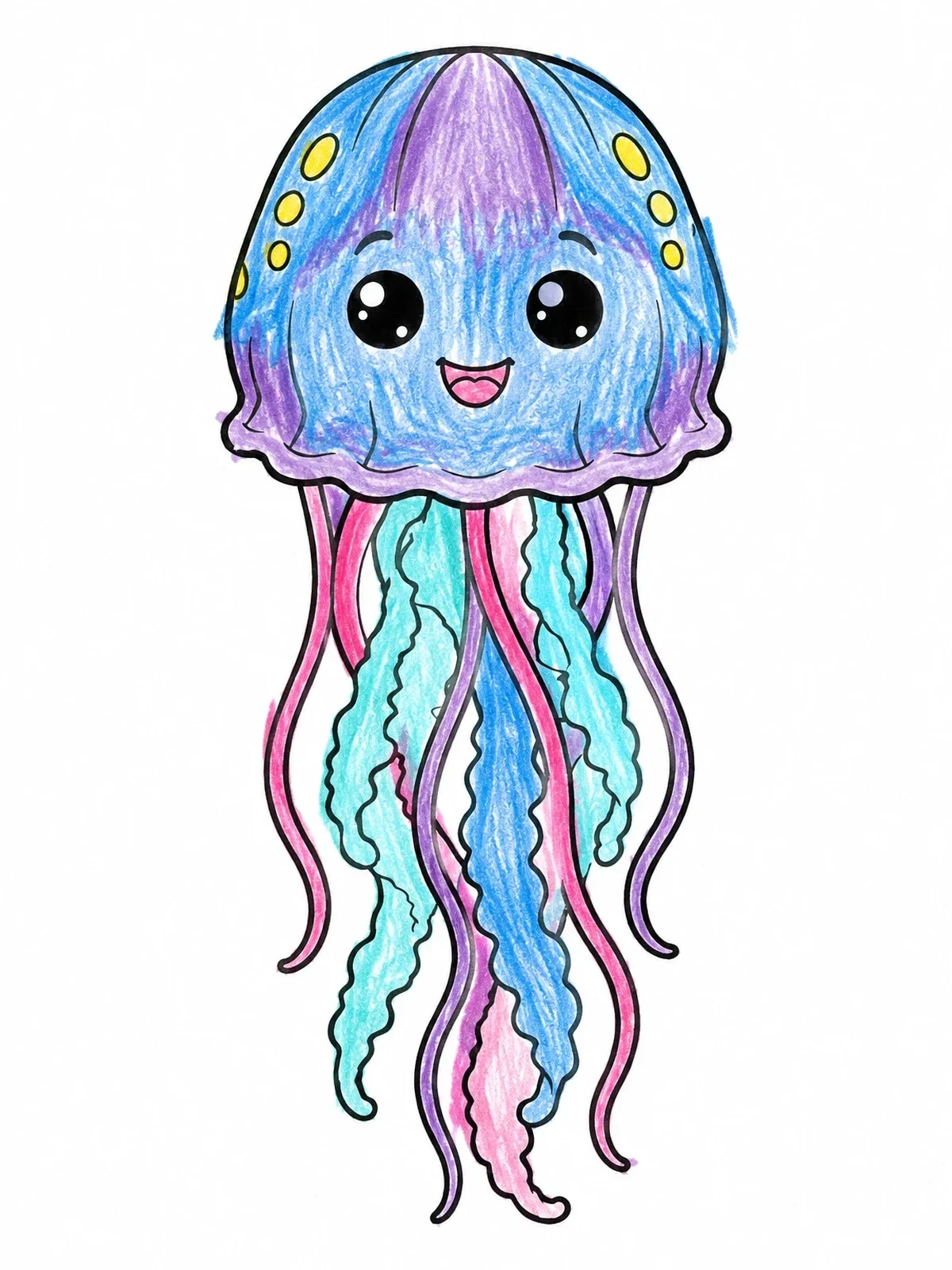Colored example of the Cheerful Cartoon Jellyfish Swimming Downward coloring page