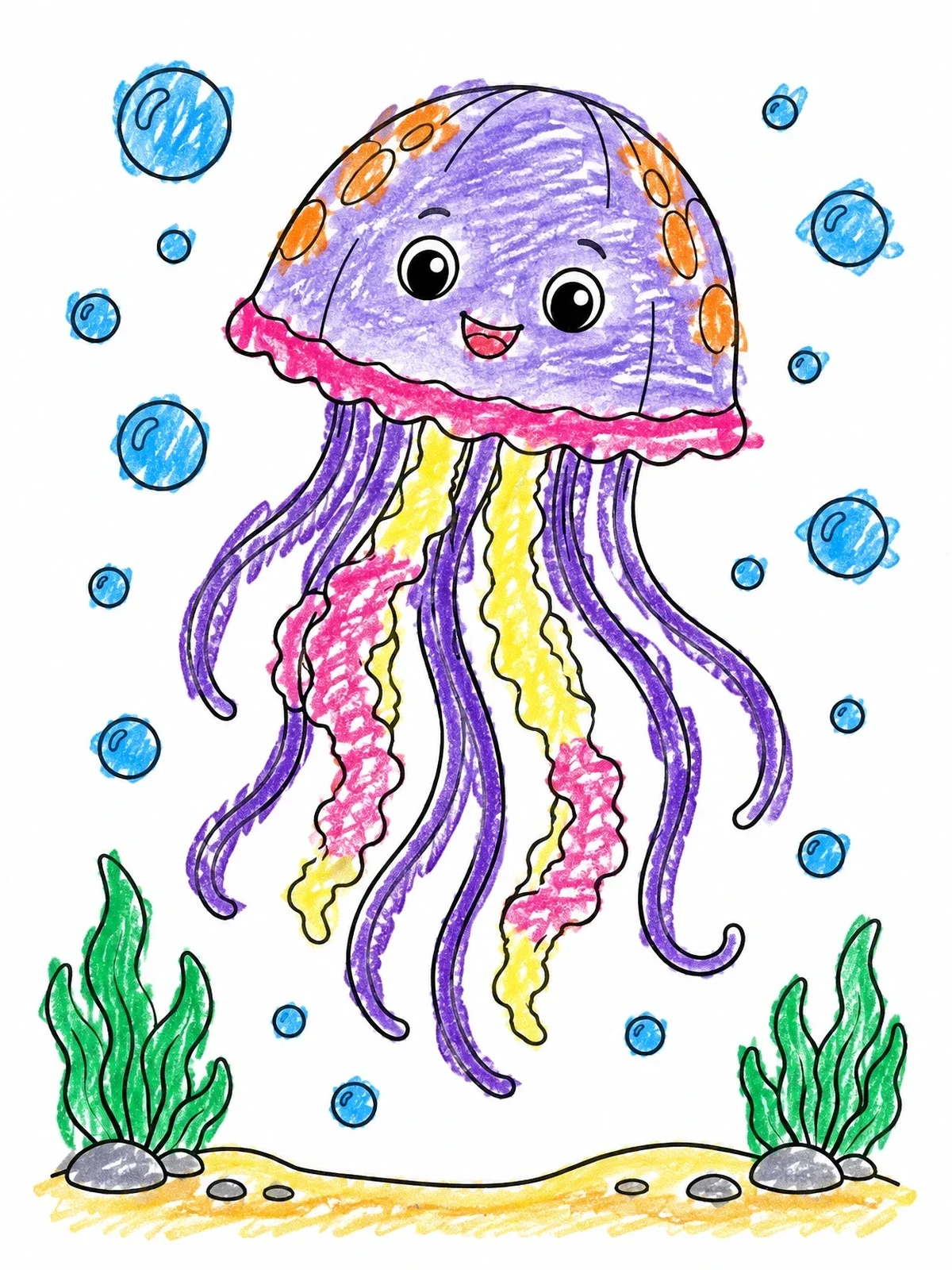 Colored example of the Cheerful Cartoon Jellyfish Swimming Underwater coloring page