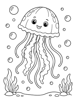 Free printable Cheerful Cartoon Jellyfish Swimming Underwater coloring page