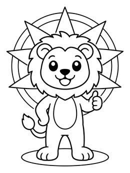 A friendly lion coloring page showing a standing cartoon cub giving a thumbs up.