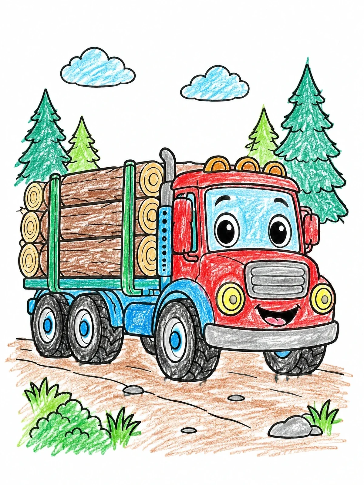 Colored example of the Cheerful Cartoon Log Truck coloring page