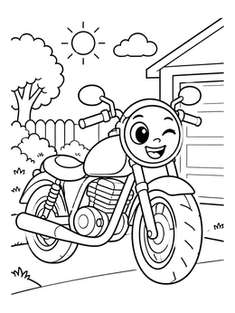 Free printable Cheerful Cartoon Motorcycle In Driveway coloring page