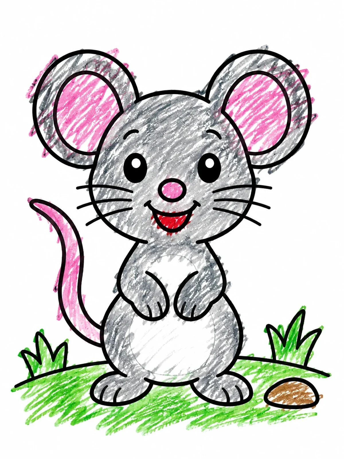 Colored example of the Cheerful Cartoon Mouse Standing Outside coloring page