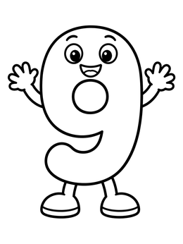 Free printable Cheerful Cartoon Number Nine Character coloring page