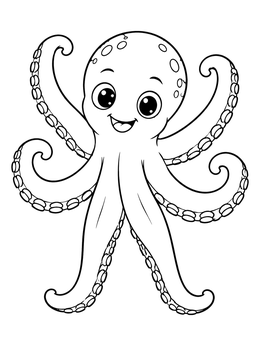 A cheerful octopus coloring page featuring a smiling sea creature with raised tentacles.