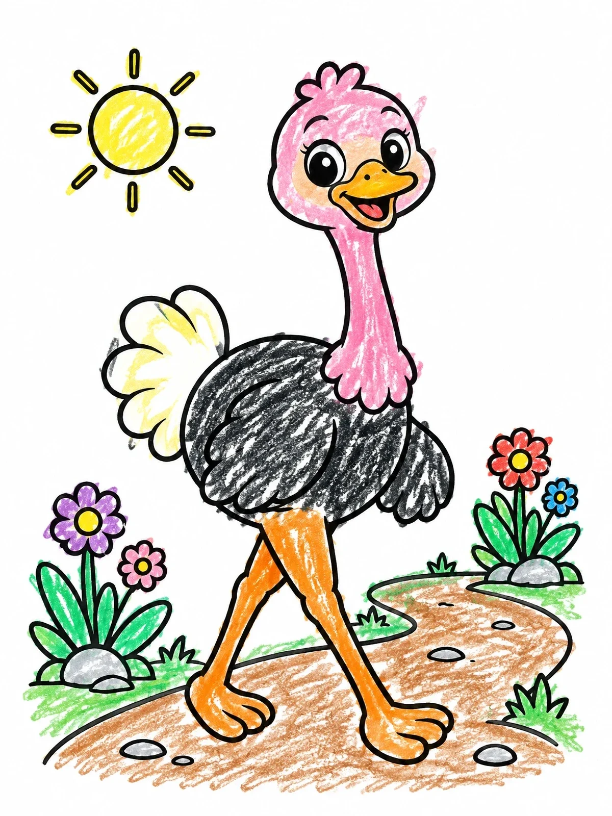 Colored example of the Cheerful Cartoon Ostrich On Path coloring page