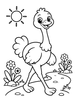 A cheerful bird steps forward in this ostrich coloring page with sunny outdoor scenery.