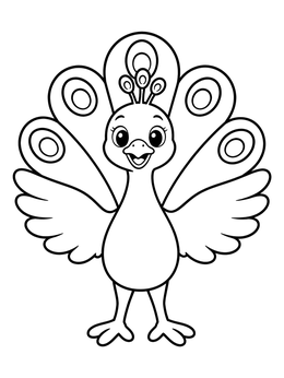 A cheerful peacock coloring page featuring open wings and round tail feathers.