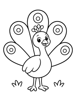 Free printable Cheerful Cartoon Peacock With Feathers coloring page
