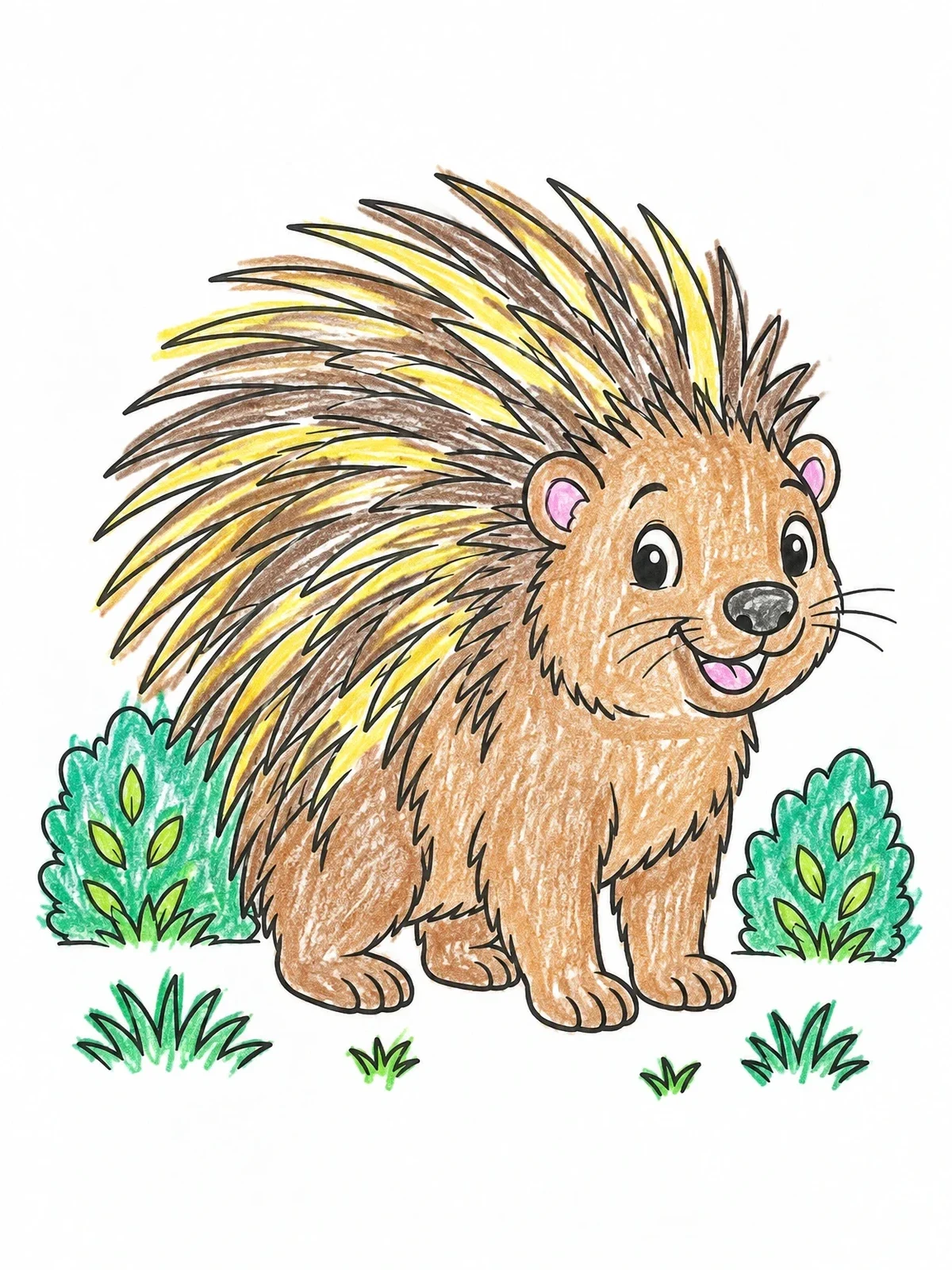 Colored example of the Cheerful Cartoon Porcupine In The Grass coloring page