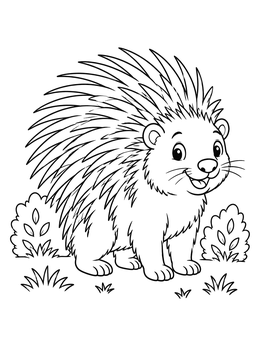 A smiling porcupine coloring page featuring sharp quills, leafy bushes, and tufts of grass.