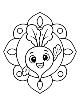 Free printable Cheerful Cartoon Radish In Floral Frame coloring page