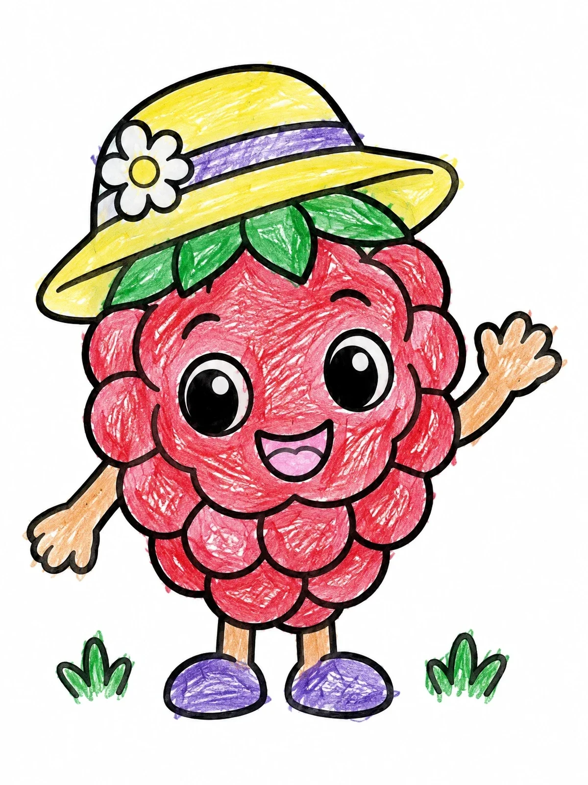 Colored example of the Cheerful Cartoon Raspberry With Sunhat coloring page