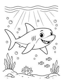 A cheerful shark coloring page featuring ocean waves, small fish, and seabed corals.
