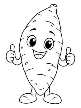 A cheerful cartoon sweet potatoes coloring page showing a friendly vegetable giving two thumbs up.
