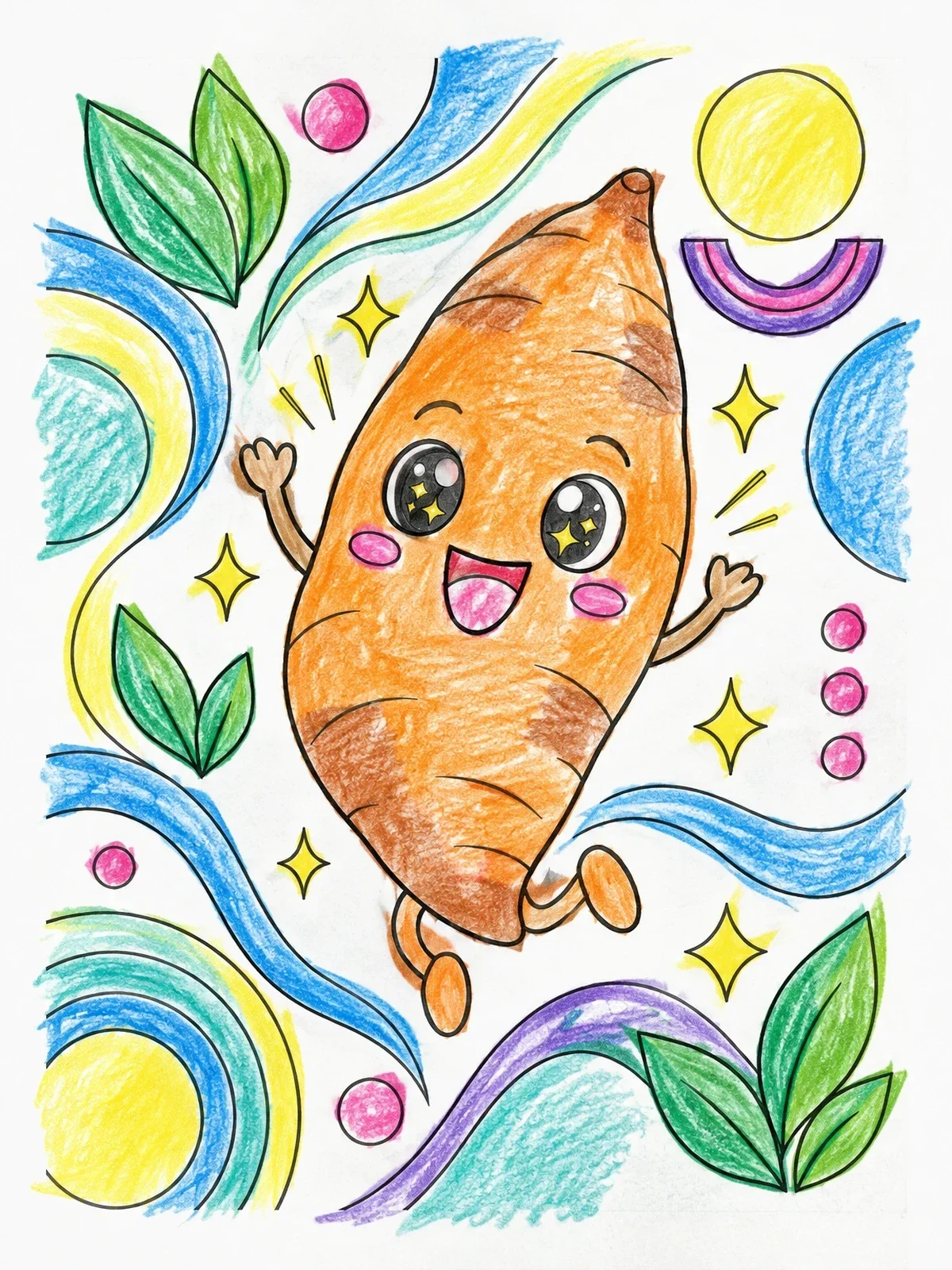 Colored example of the Cheerful Cartoon Sweet Potato Jumping coloring page