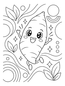 A happy character jumps joyfully in this fun sweet potatoes coloring page surrounded by stars and swirl patterns.