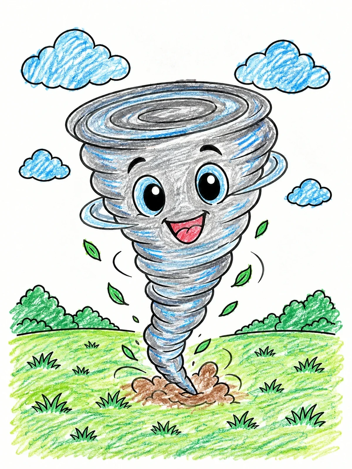 Colored example of the Cheerful Cartoon Tornado Over Meadow coloring page
