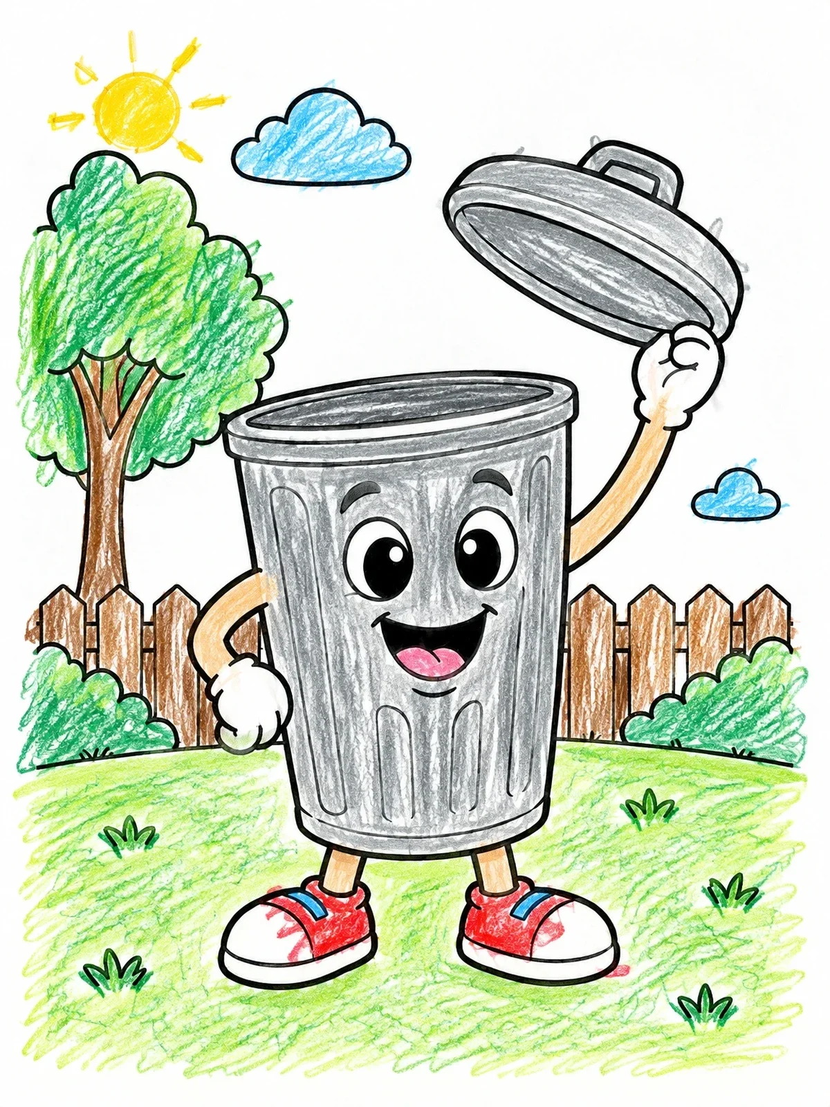 Colored example of the Cheerful Cartoon Trash Can Holding Lid coloring page