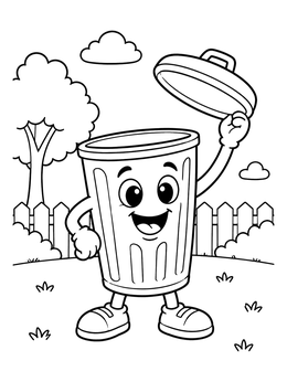 Free printable Cheerful Cartoon Trash Can Holding Lid coloring page