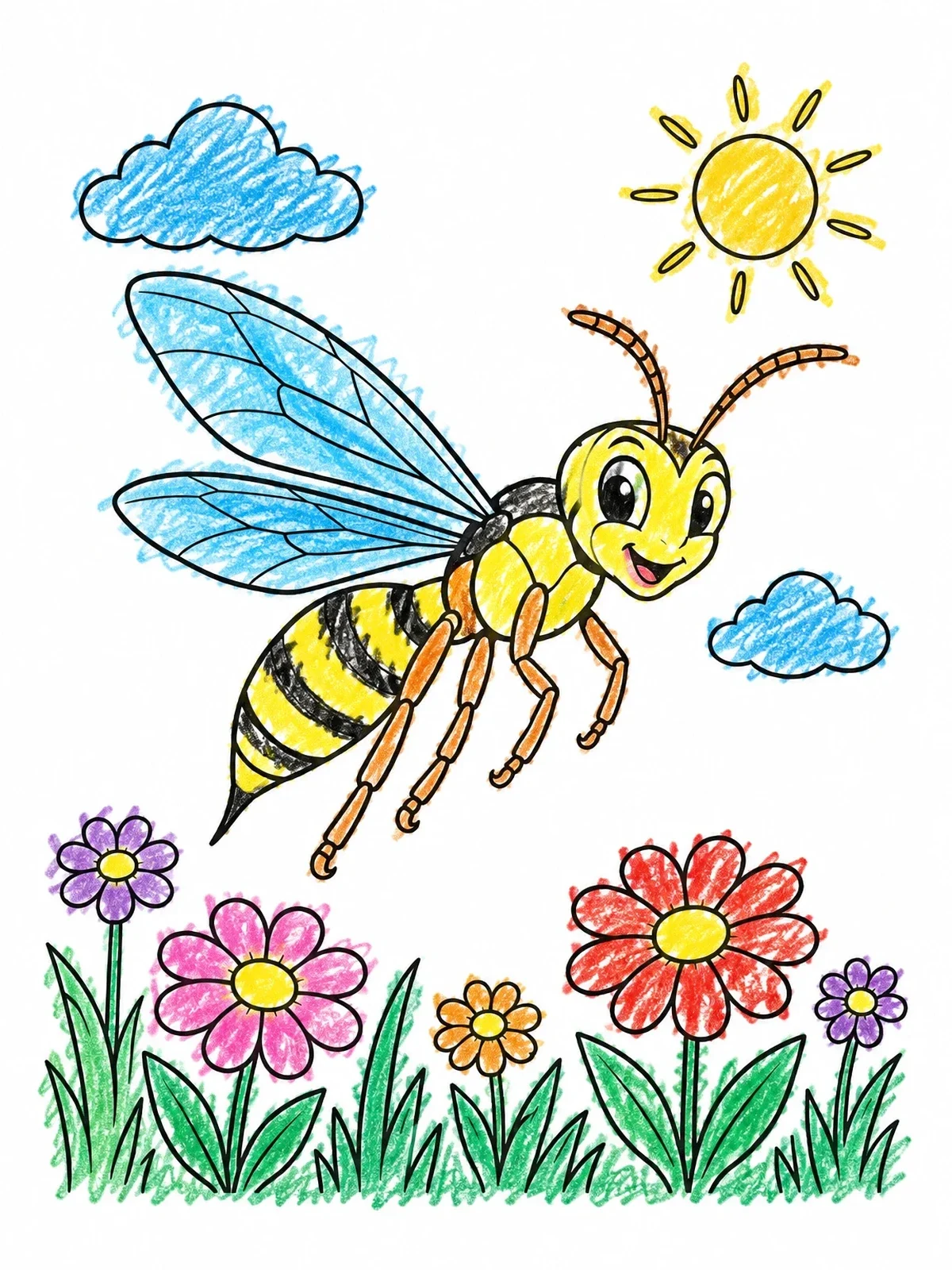 Colored example of the Cheerful Cartoon Wasp Over Flowers coloring page