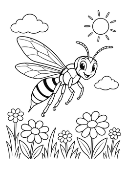 A cheerful cartoon wasp coloring page flying above blooming daisies under a bright sun.