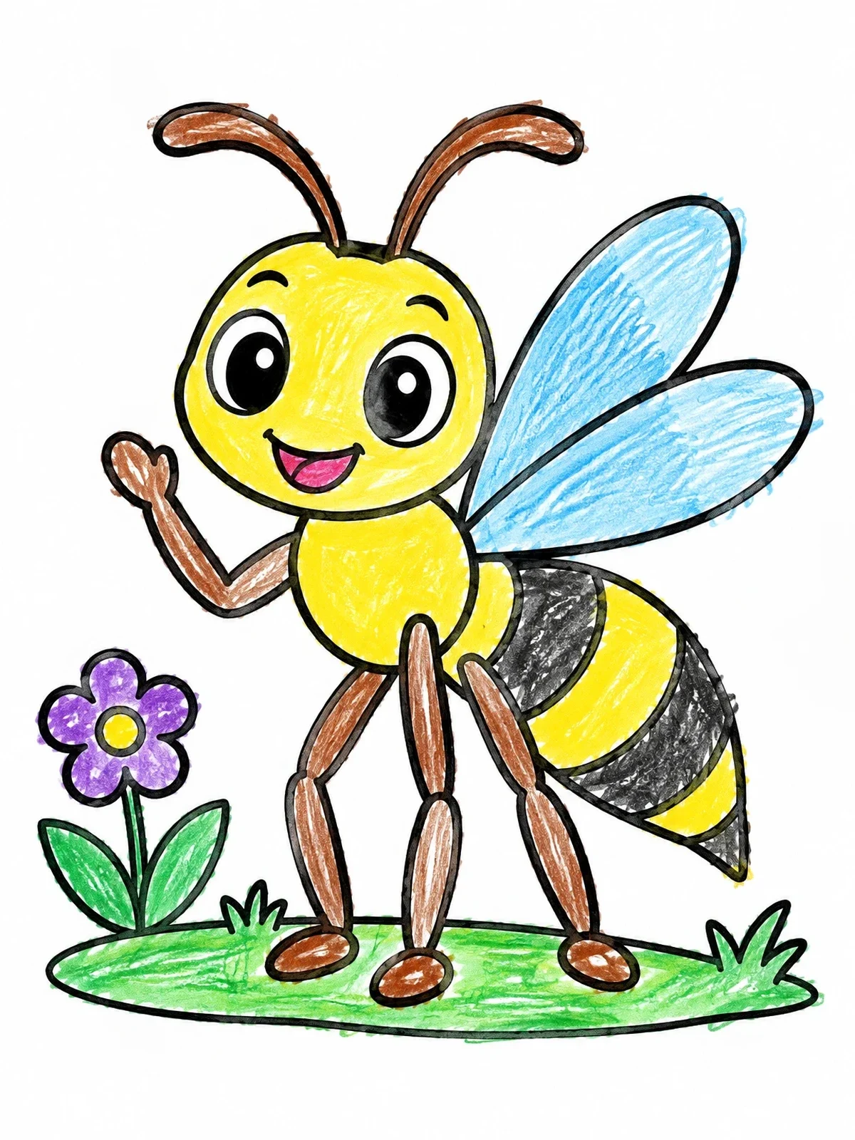 Colored example of the Cheerful Cartoon Wasp Waving Hello coloring page