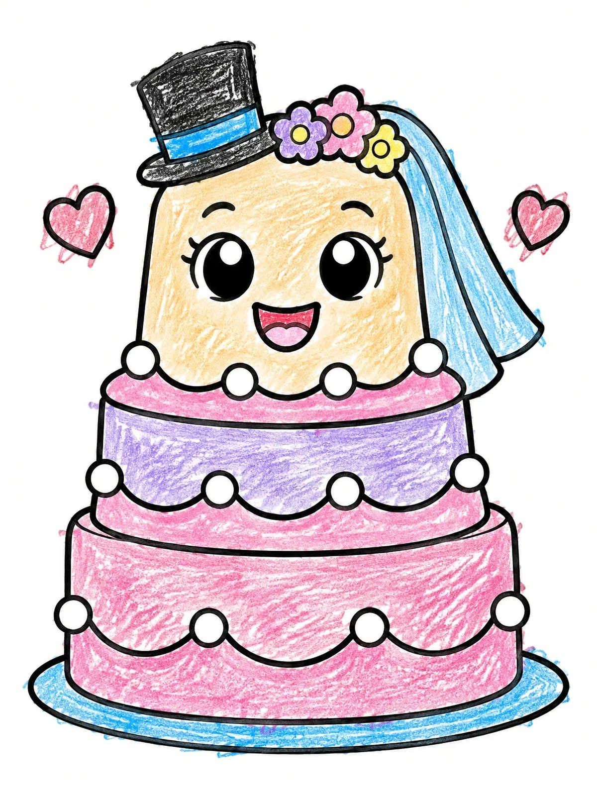 Colored example of the Cheerful Cartoon Wedding Cake Character coloring page