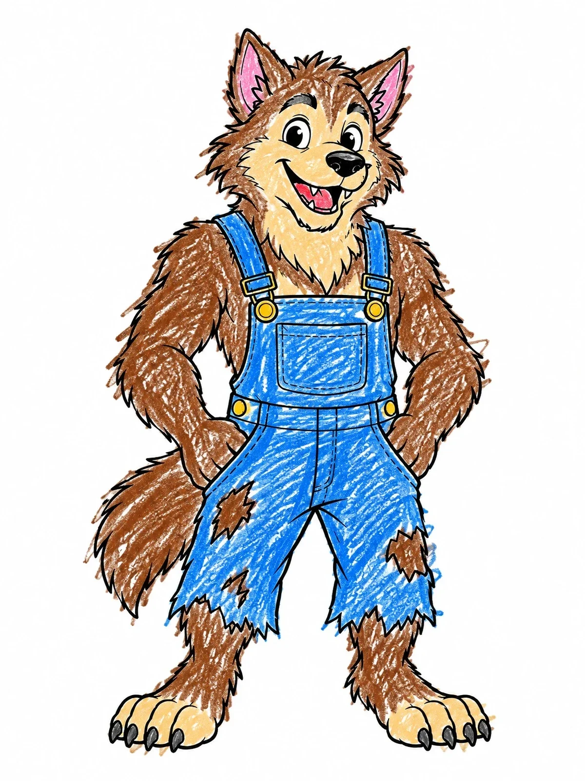Colored example of the Cheerful Cartoon Werewolf In Overalls coloring page