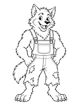 A friendly wolf creature stands smiling in this werewolf coloring page.