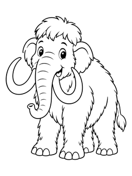A cheerful cartoon woolly mammoth coloring page with large curved tusks and thick fur.