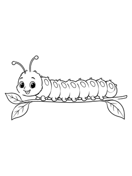 A happy caterpillar coloring page showing the insect resting on a leafy twig.