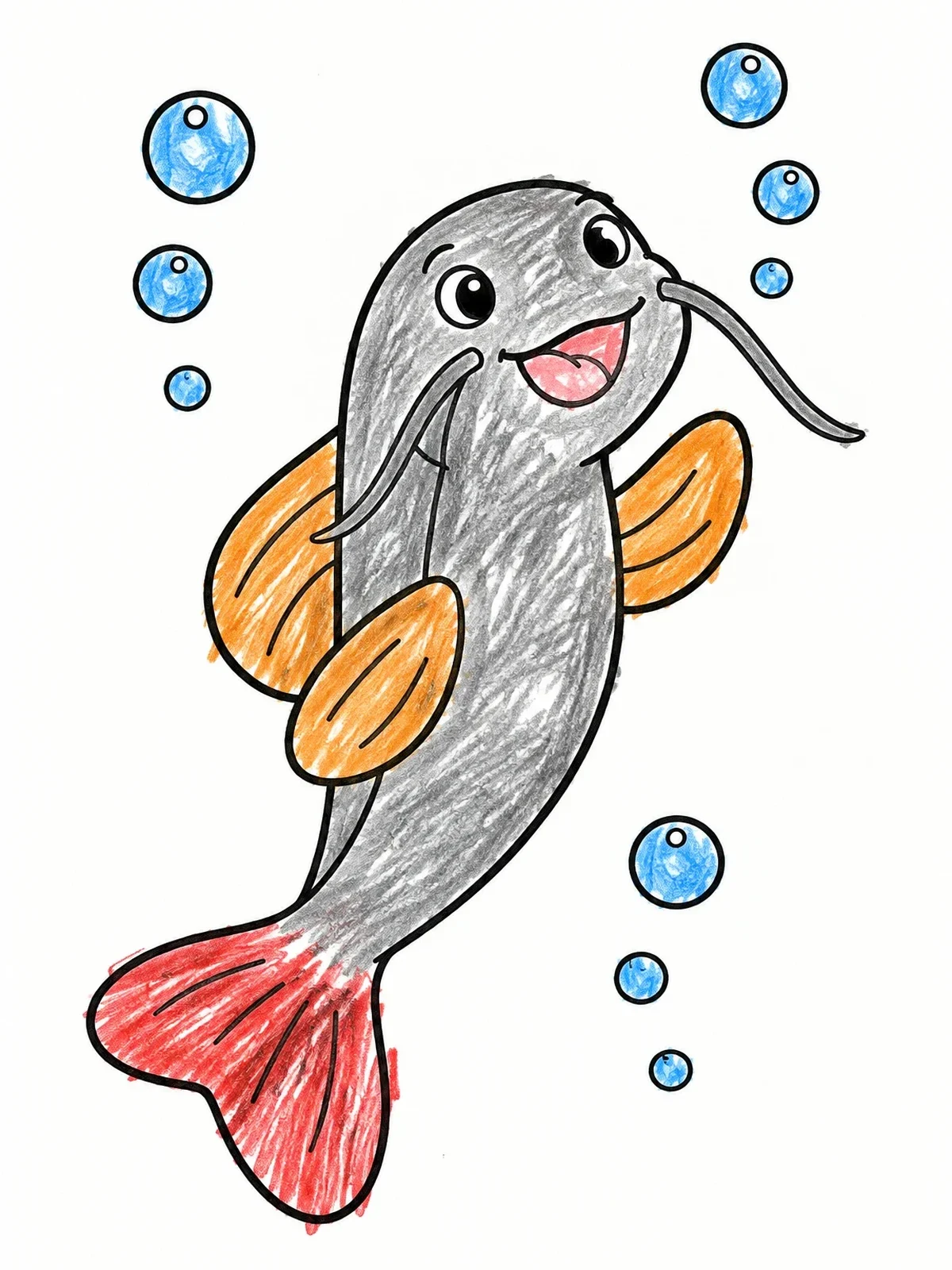 Colored example of the Cheerful Catfish Swimming In Bubbles coloring page