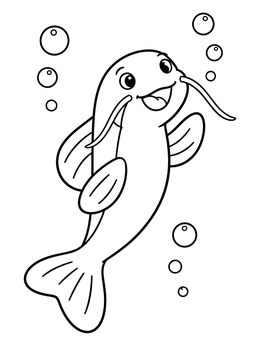A friendly catfish coloring page swimming upward surrounded by round bubbles.